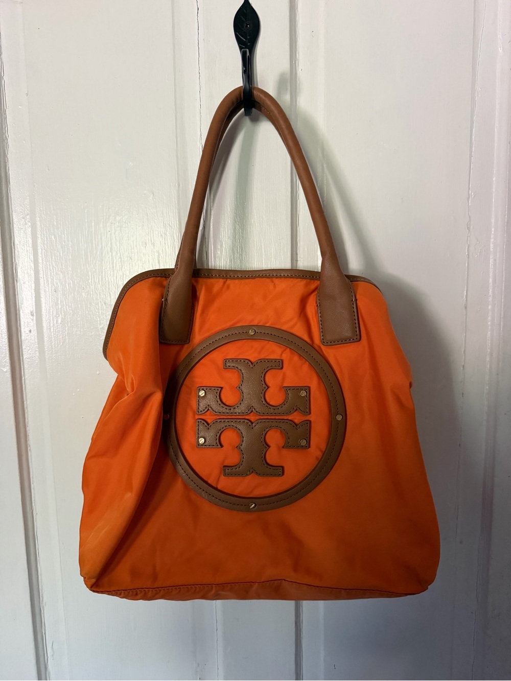Tory Burch Orange Nylon Tote with Brown Leather Trim and Logo Medallion